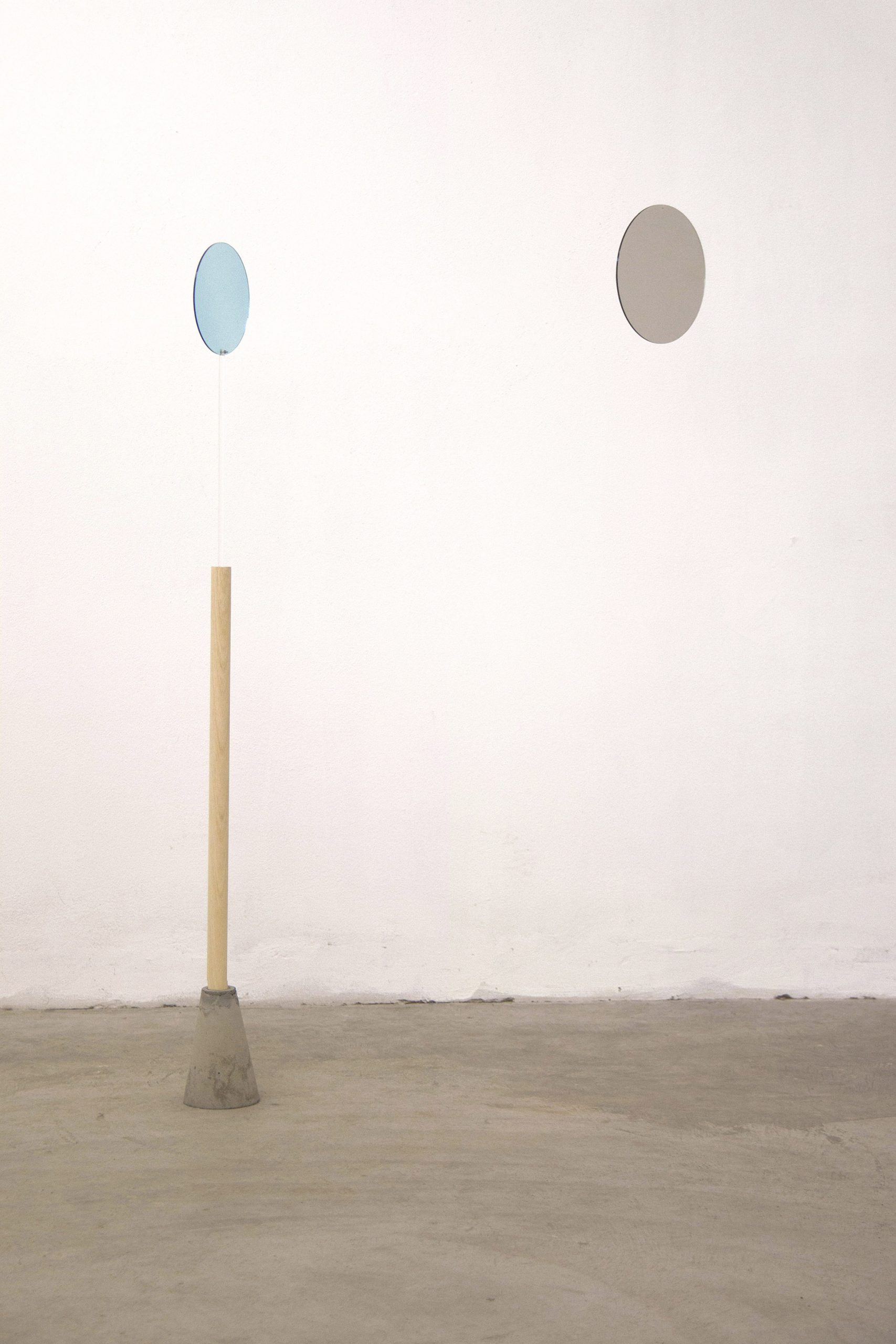 Giulia Fumagalli, “Lasciarsi eclissare azzurro - grigio”, 2019, plexiglass, adhesive films, nylon wire, wood, cement, 152 cm x variable dimensions