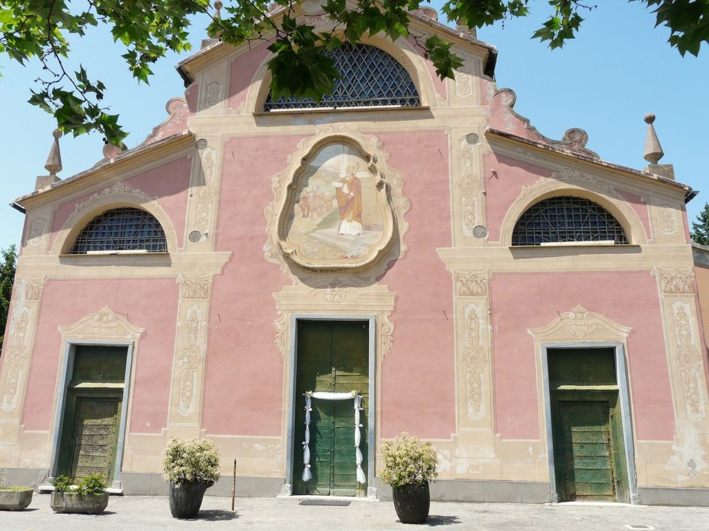 Chiesa parrocchiale di Sant’Olcese. Nicolò da Voltri, S. Colombano in trono tra i ss. Bernardo, Giovanni Battista, Pietro e Benedetto.