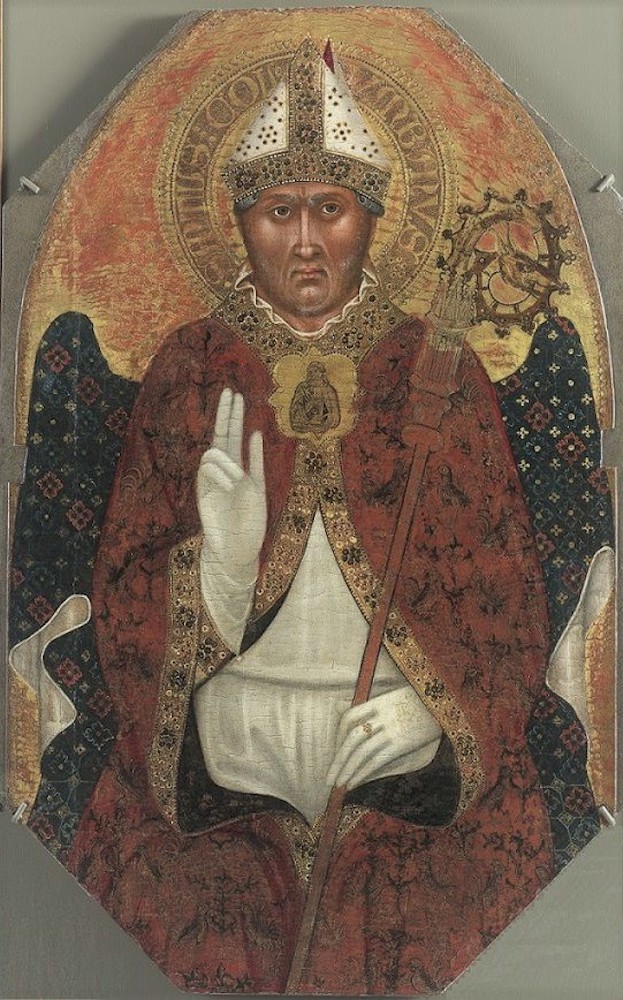 Nicolò da Voltri (not. 1394 al 1417) - S. Colombano in trono tra i ss. Bernardo, Giovanni Battista, Pietro e Benedetto.